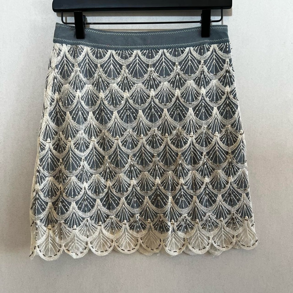 Blue and Ivory Beaded Lace Mini Skirt